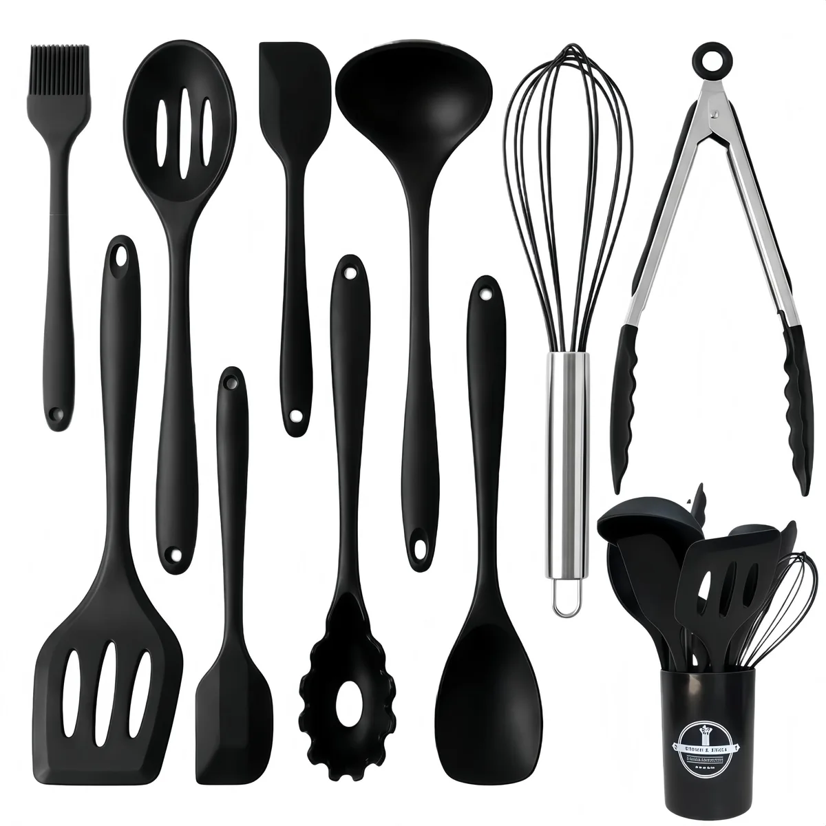 Ten black silicone kitchen tools including spoon whisk spatula tongs and turner