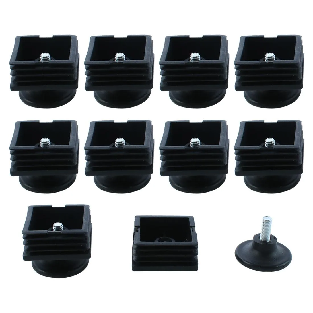 Ten sets of square plastic tube inserts with adjustable threaded feet, 50 mm profile