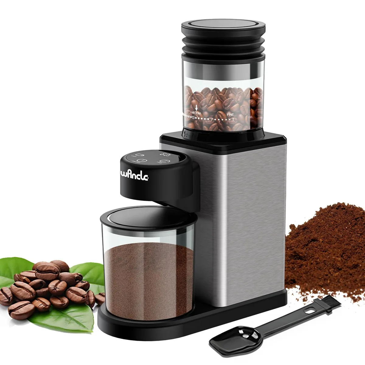 Silver conical burr coffee grinder with touchscreen, 10.8 by 3.7 by 7.5 inches