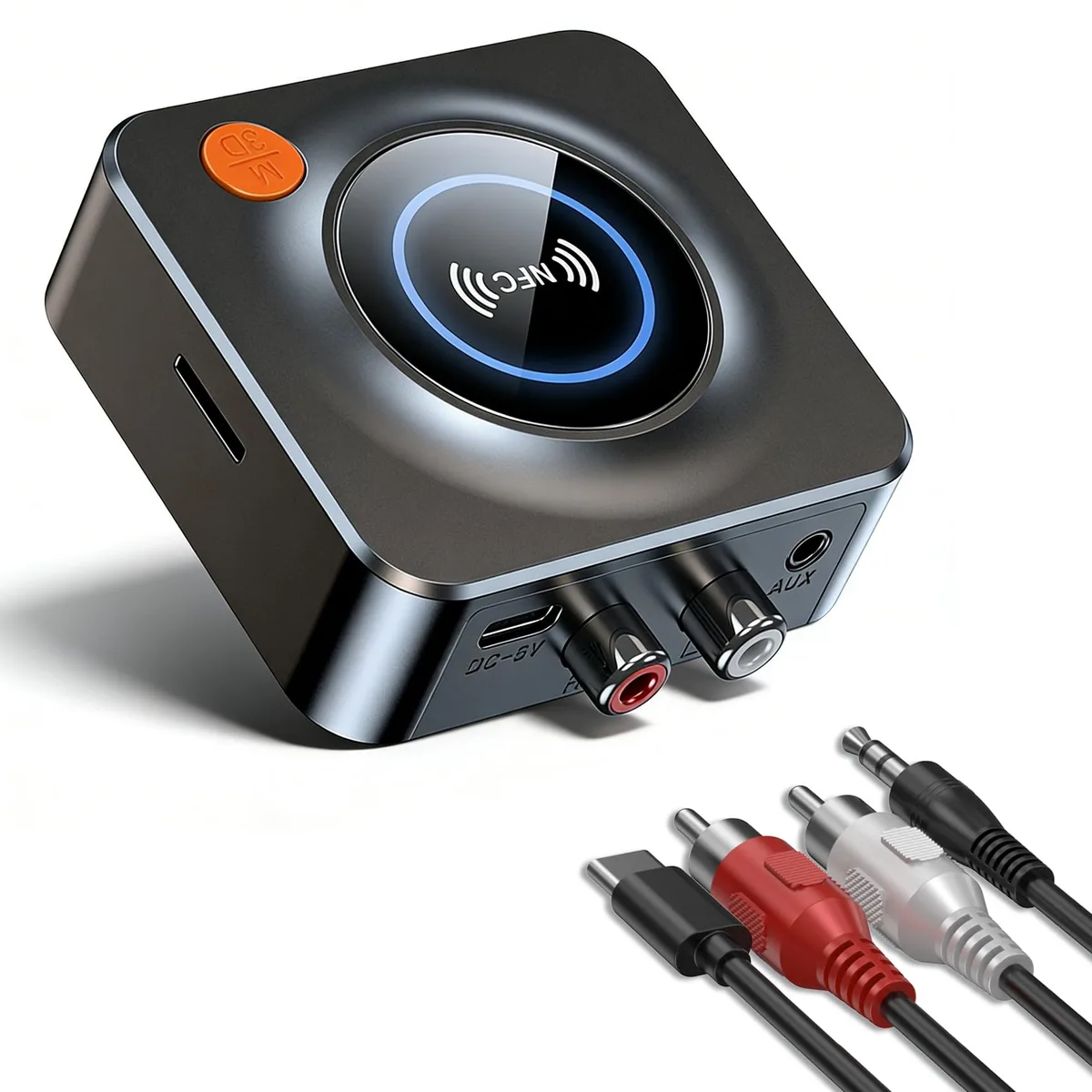 Small square Bluetooth receiver with RCA and 3.5mm ports