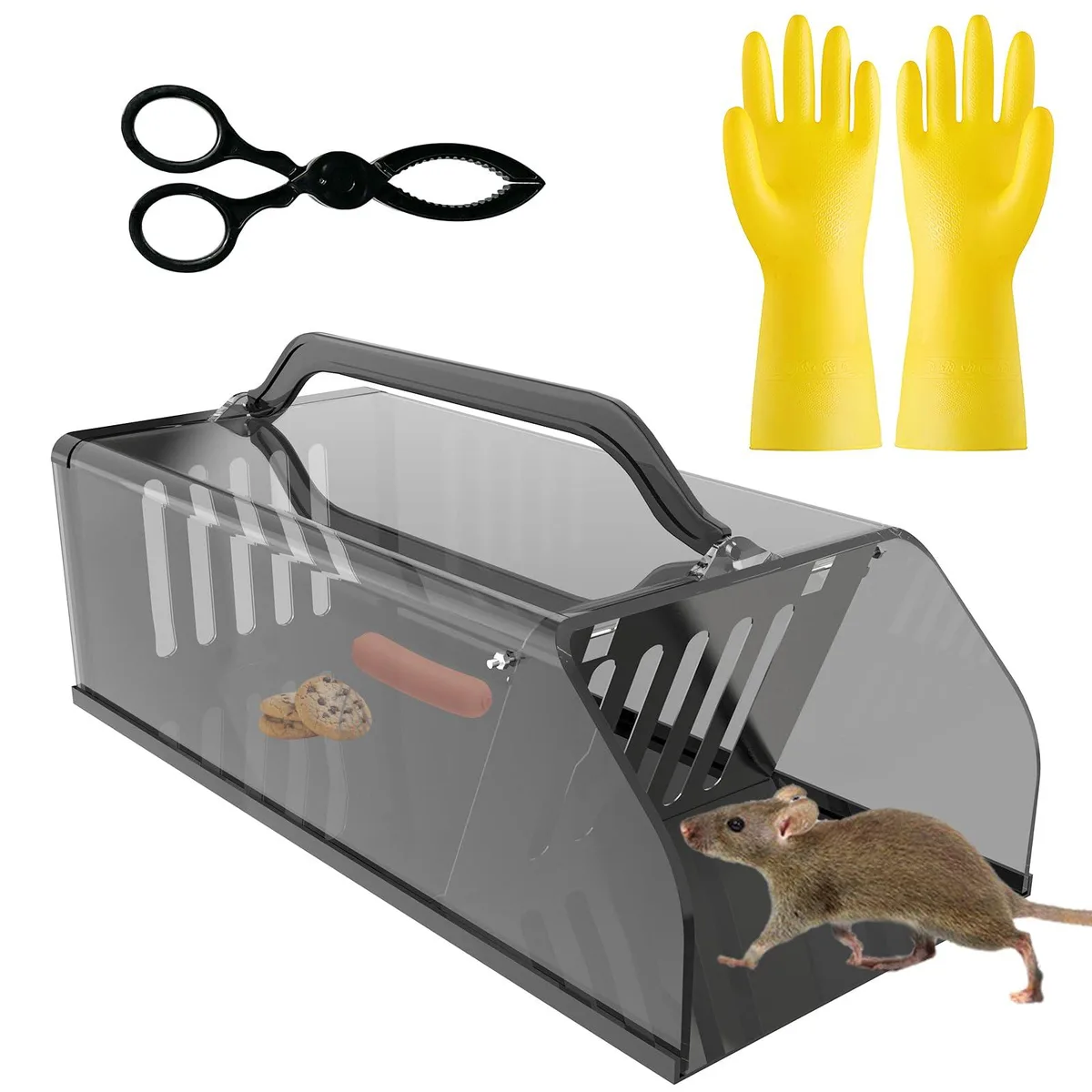Rectangular wire-mesh cage trap, silver-grey finish, one-way entry door, carrying handle on top