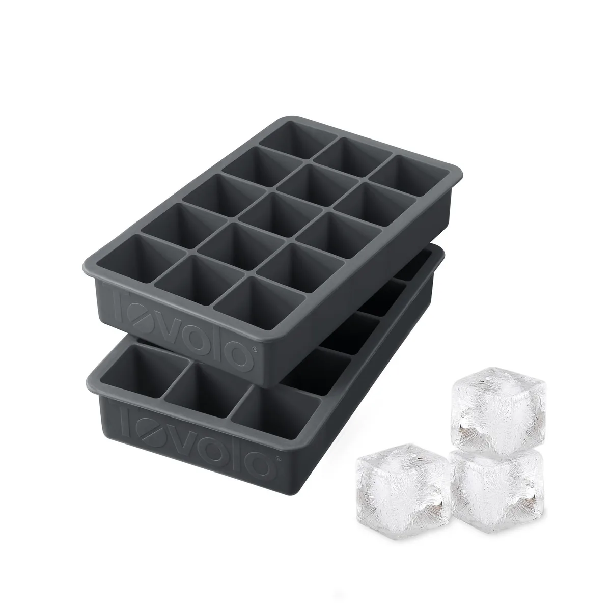 Two charcoal-gray silicone ice-cube trays, square 1.25 inch cavities, 30 cubes total