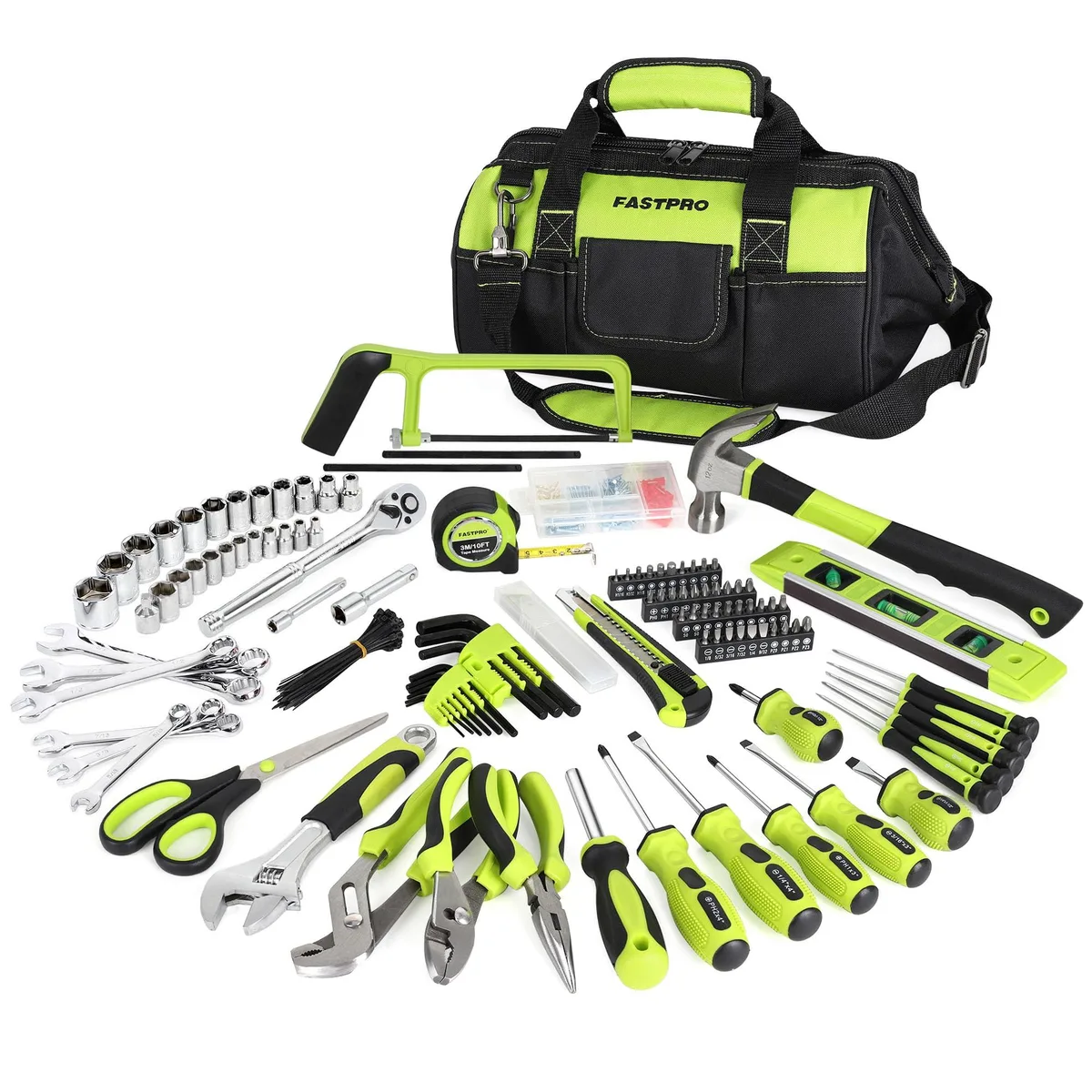 Green 13-inch wide-mouth tool bag holding 267-piece household tool set