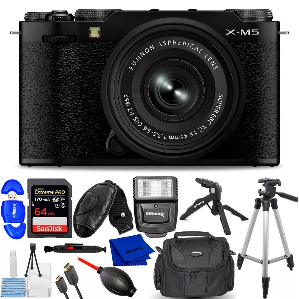 FUJIFILM FUJIFILM X-M5 compact mirrorless camera with XC 15-45mm f/3.5-5.6 lens, black kit — product photo