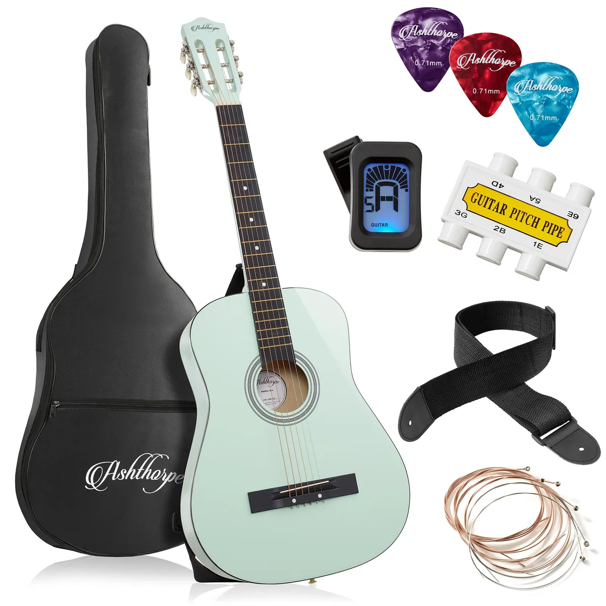 Ashthorpe Ashthorpe 38-inch Beginner Acoustic Guitar Mint Green Starter Kit — product photo
