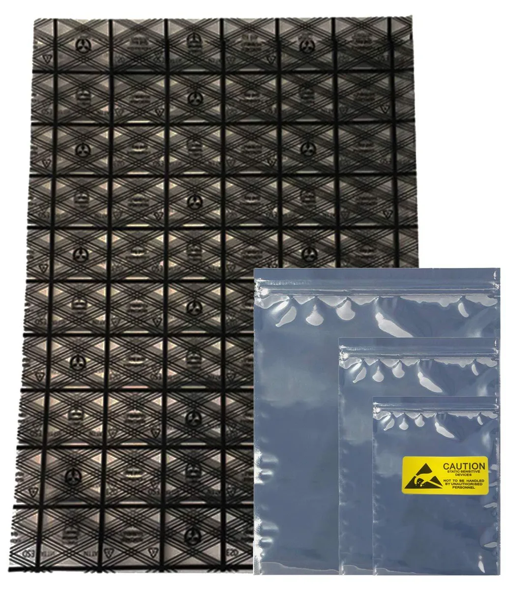 Forty beige PET antistatic bags in four assorted sizes with matching labels