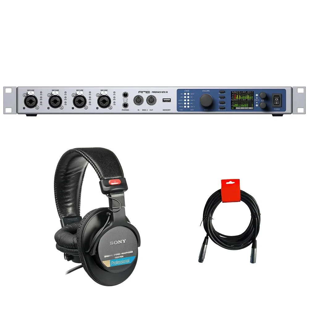 RME RME Fireface UFX III 188-Channel Audio Interface with MDR-7506 Headphones and XLR Cable — product photo