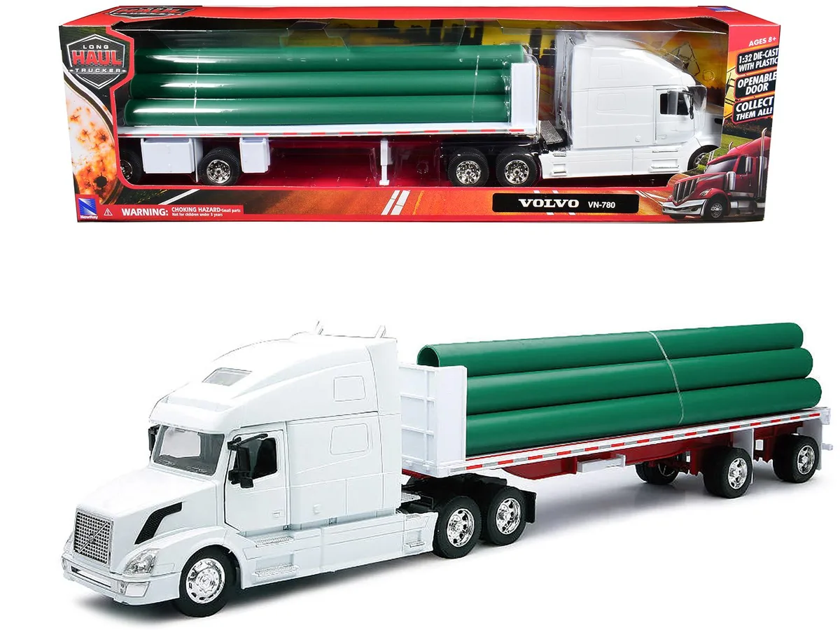 New Ray Toys New Ray Toys Volvo VN-780 Truck Flatbed Trailer Long Pipes White 1/32 Diecast Hobby Collectible — product photo