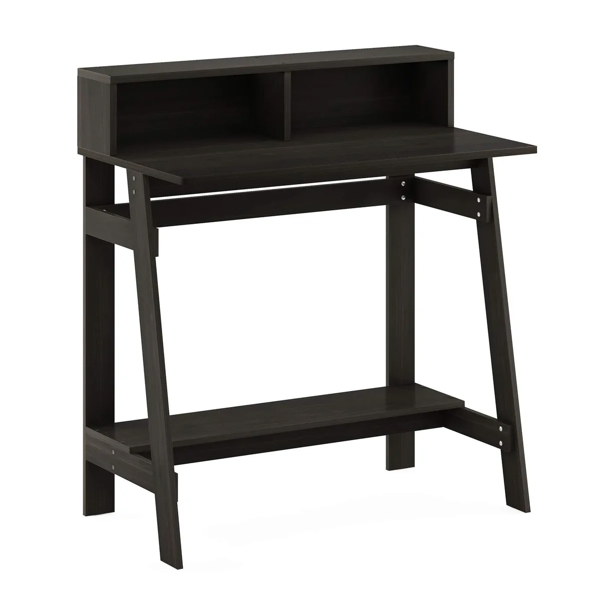 Espresso A-frame computer desk, rectangular engineered wood top, laminated finish, compact 31.6 by 17.9 by 35.5 inches