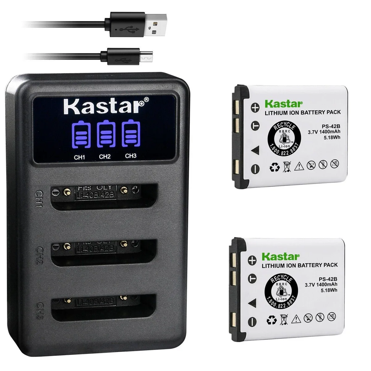 Kastar Kastar LI-42B 2 batteries + LCD triple USB charger — product photo