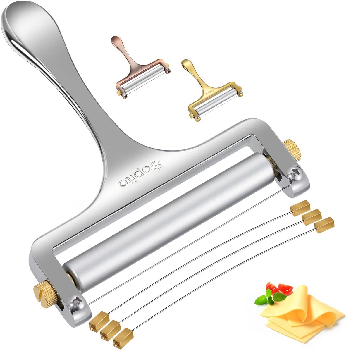 Silver stainless-steel cheese slicer with ergonomic handle and three spare wires