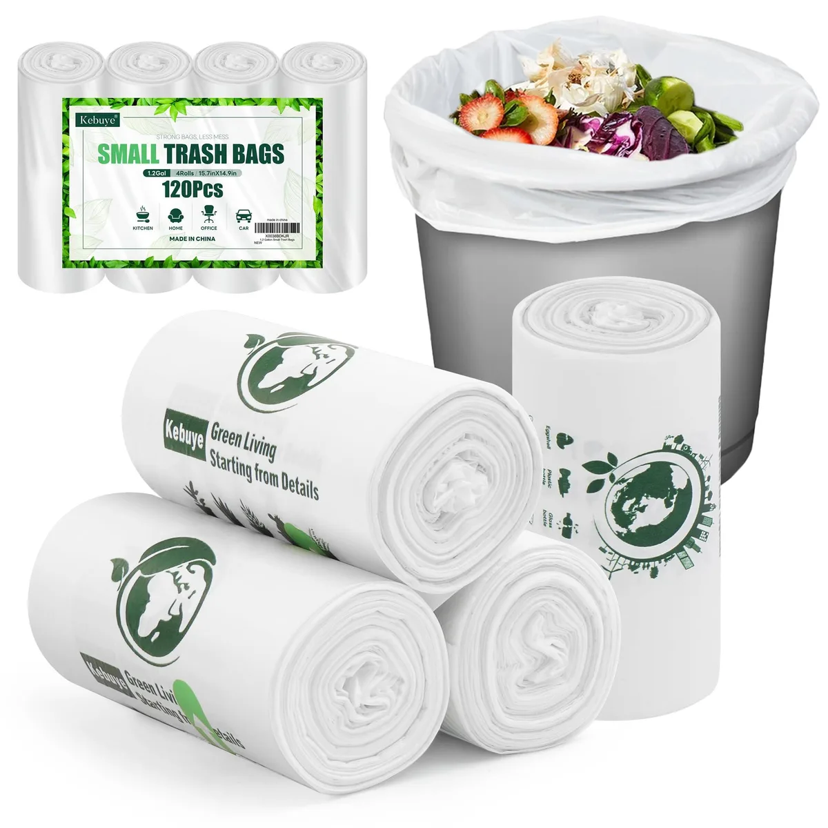 White compostable trash bags on a roll, 120 count pack