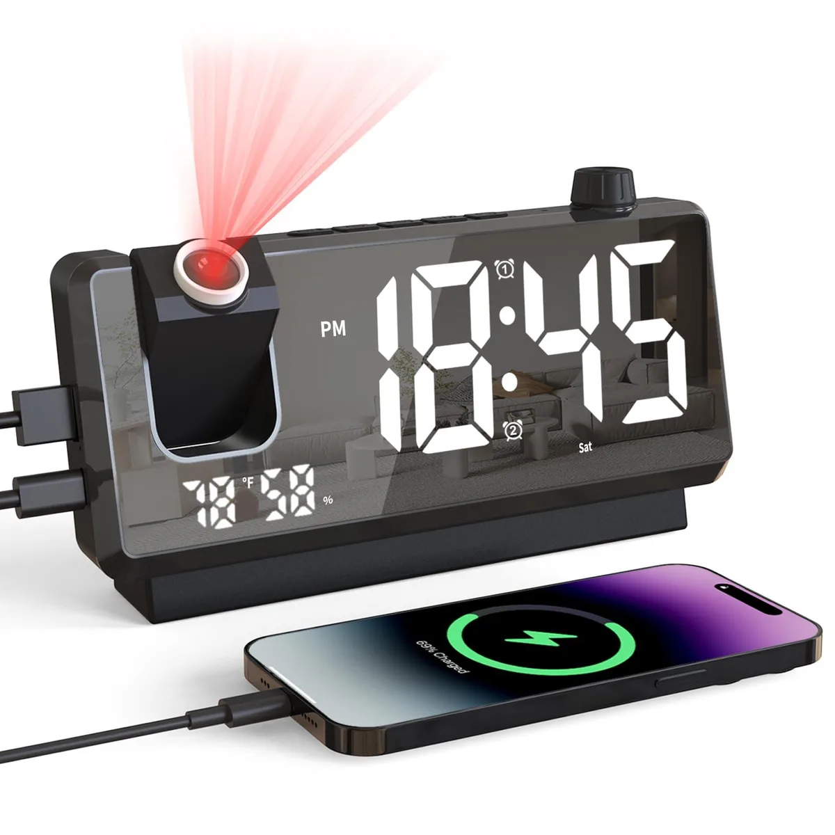 Black rectangular digital clock with mirror-face display and adjustable projector on top
