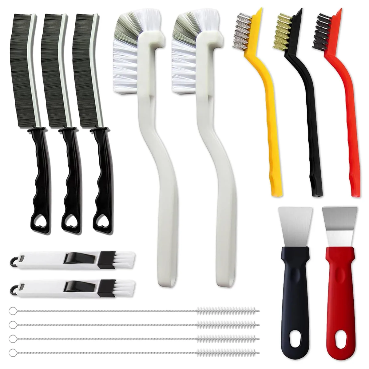 Sixteen assorted cleaning brushes with hard bristles and plastic handles in a compact set
