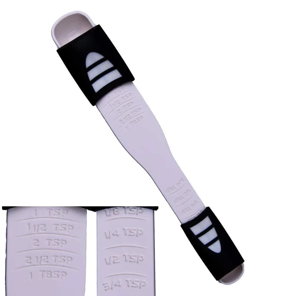 White double-ended adjustable measuring spoon with sliding covers for nine volume settings