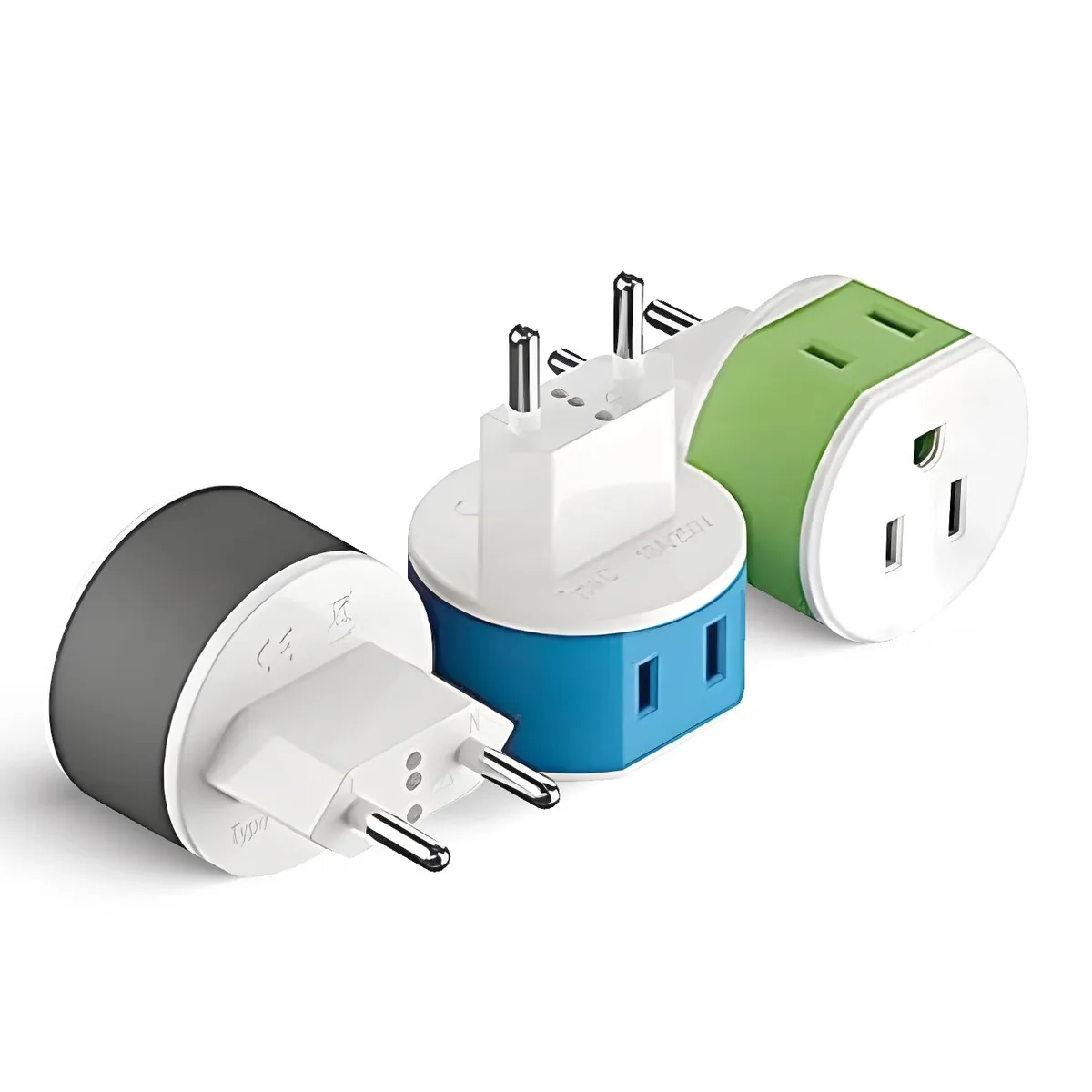 Three compact blue Type C travel adapters with dual US plug inputs