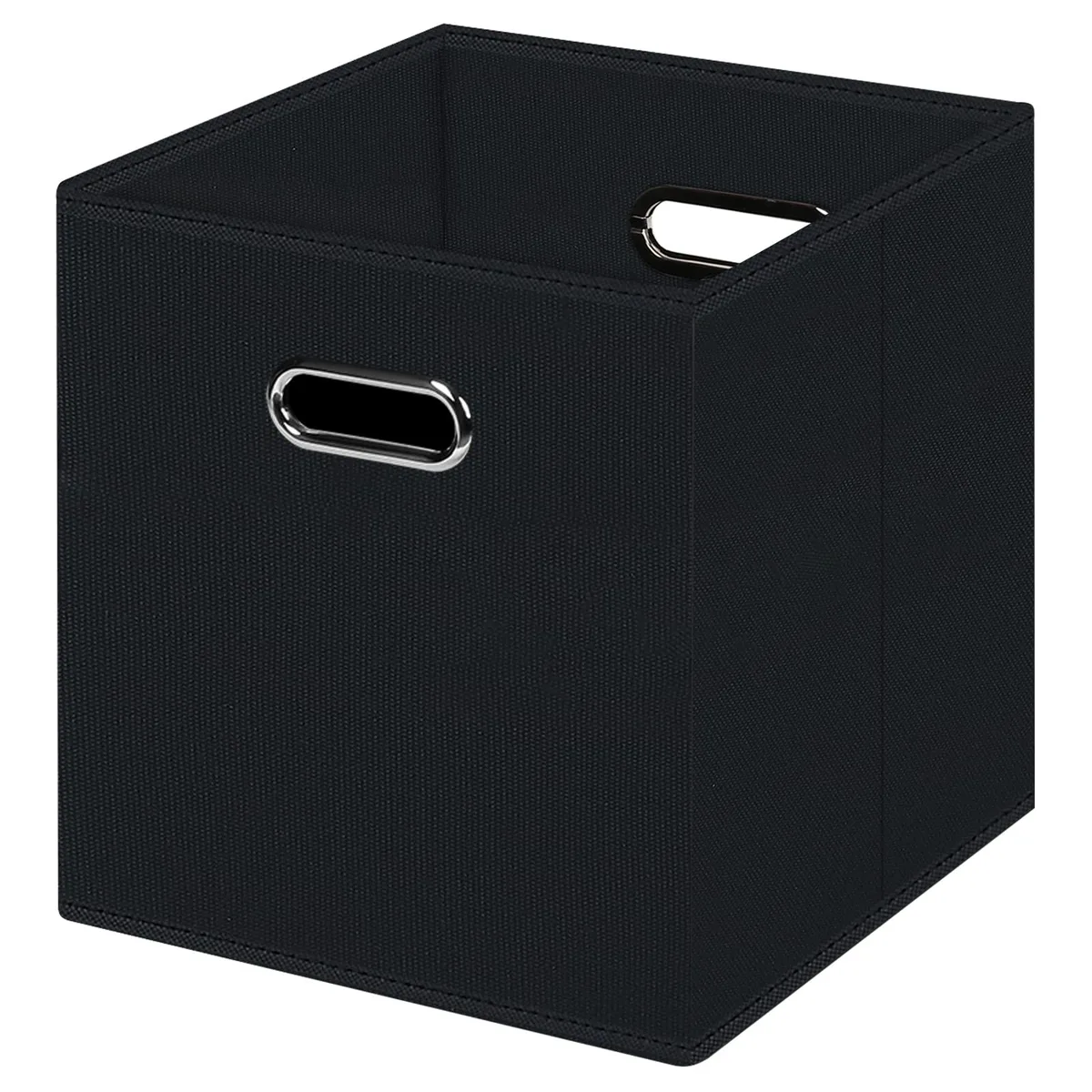 Black fabric storage cube with dual handles, folded flat