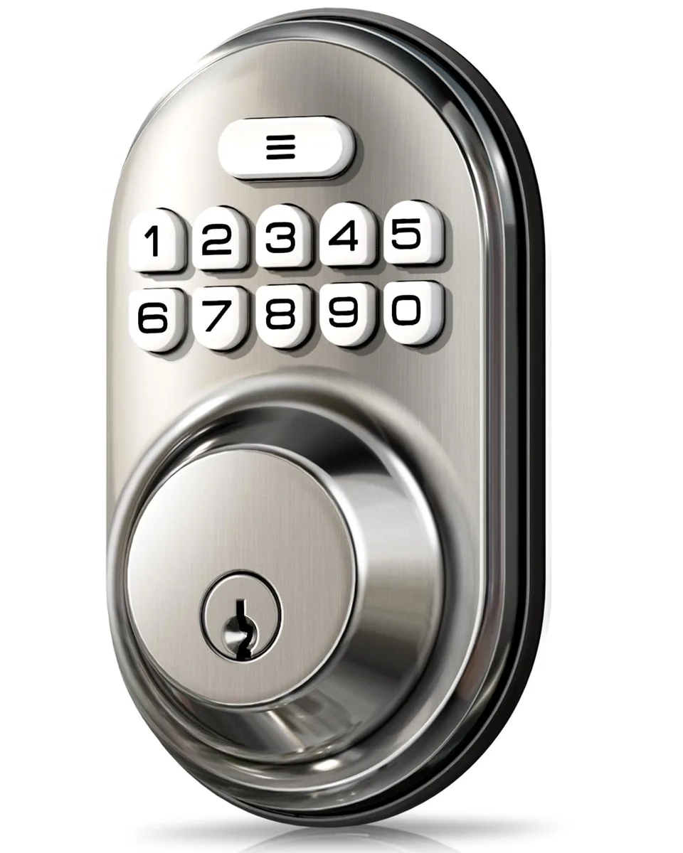 Meterk keyless entry door lock in satin nickel finish, rectangular 6.2 by 2.8 inches