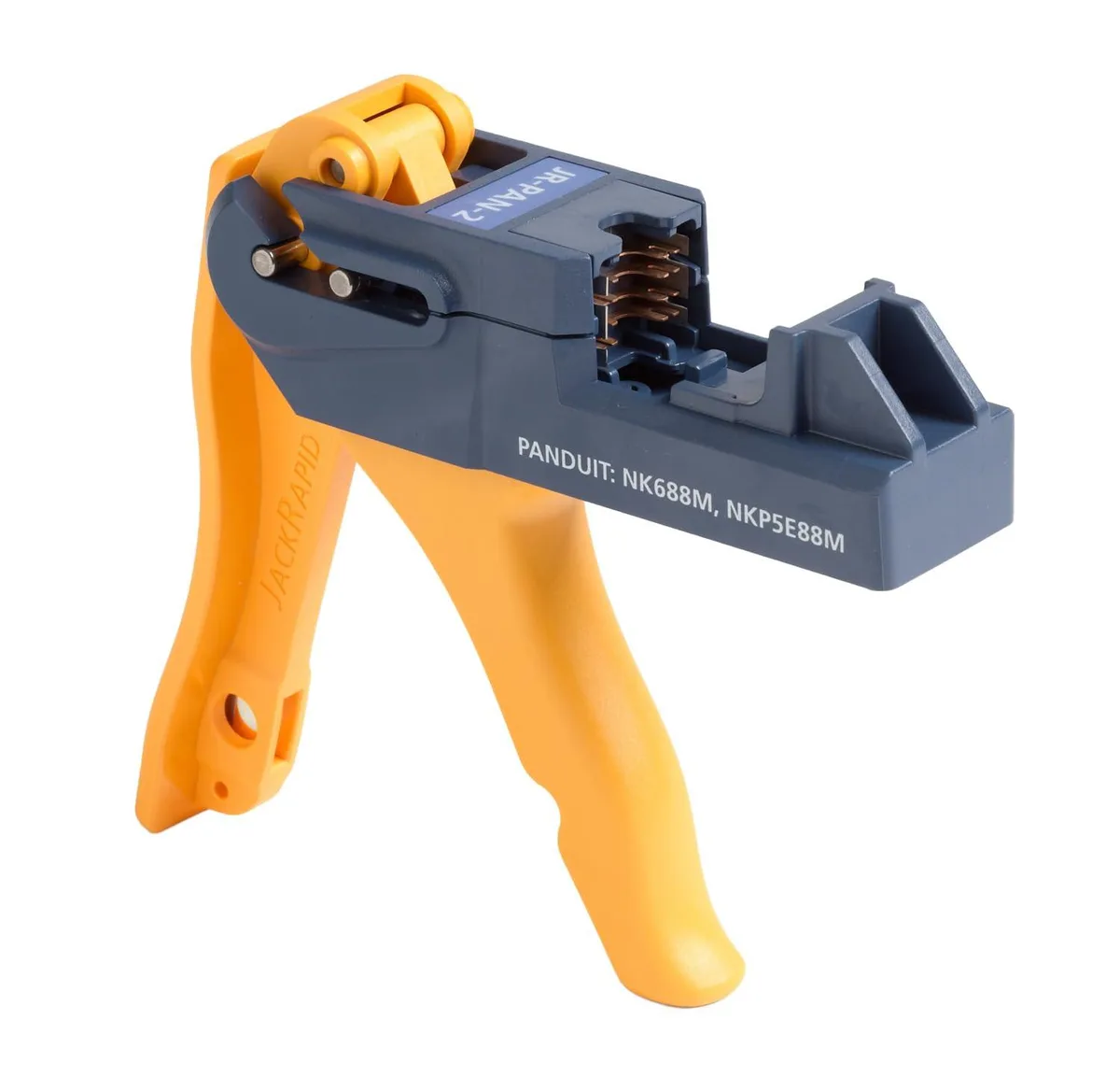 Yellow handheld termination tool with ergonomic grip and Panduit jack interface