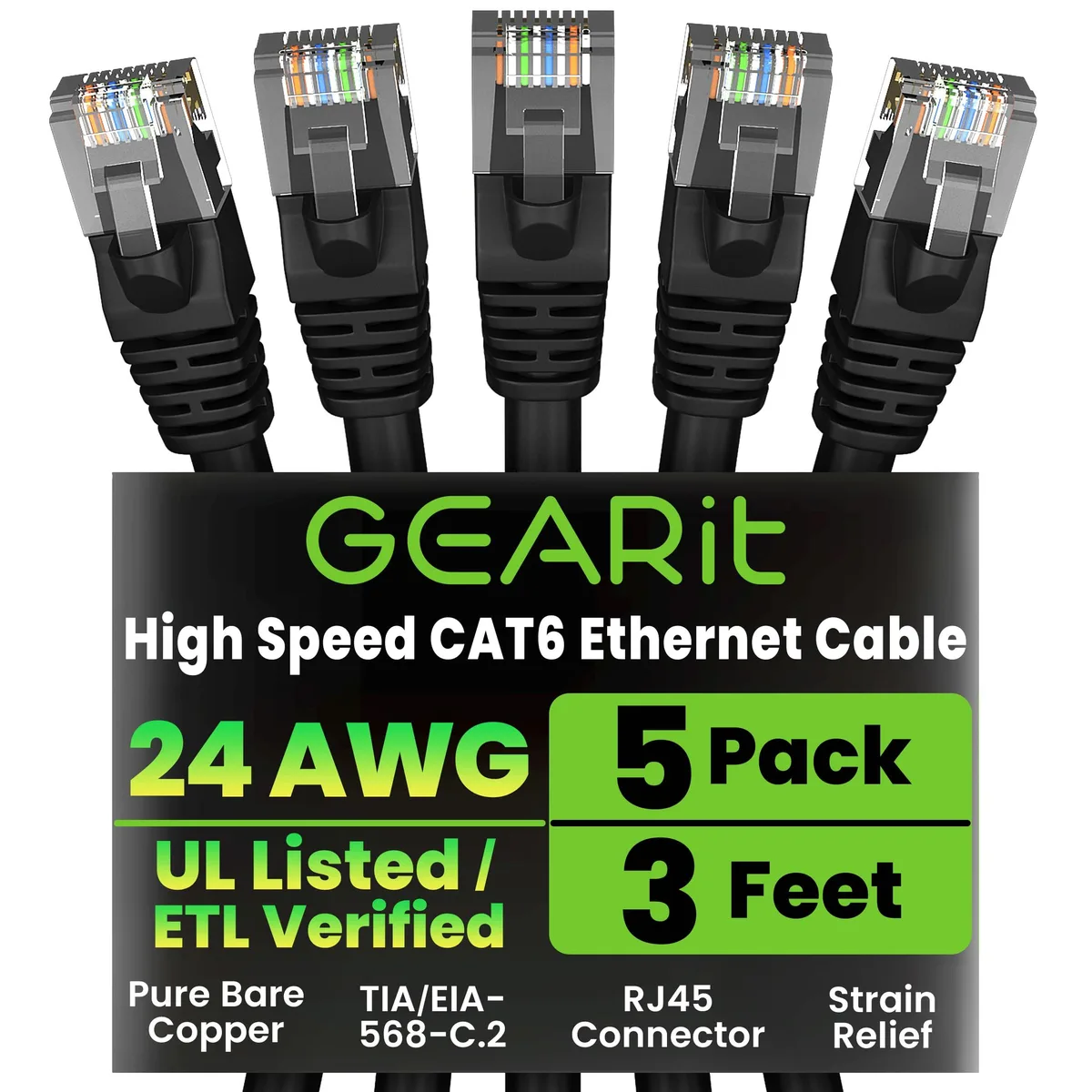 Five black Cat6 Ethernet cables coiled together, each three feet long with gold RJ45 plugs