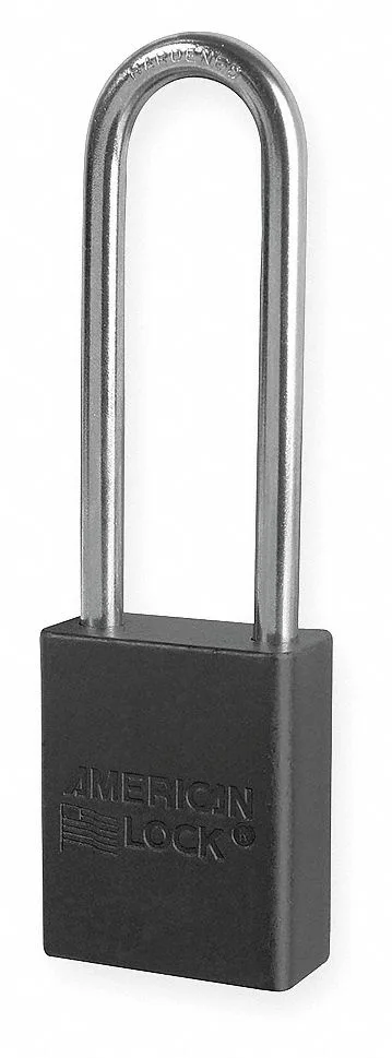 Black anodized aluminum padlock with extended boron alloy shackle