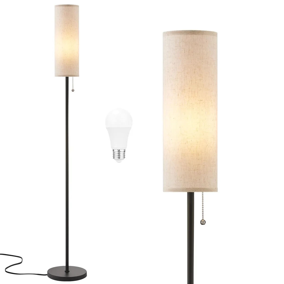 Tall matte floor lamp with beige linen shade and pull chain