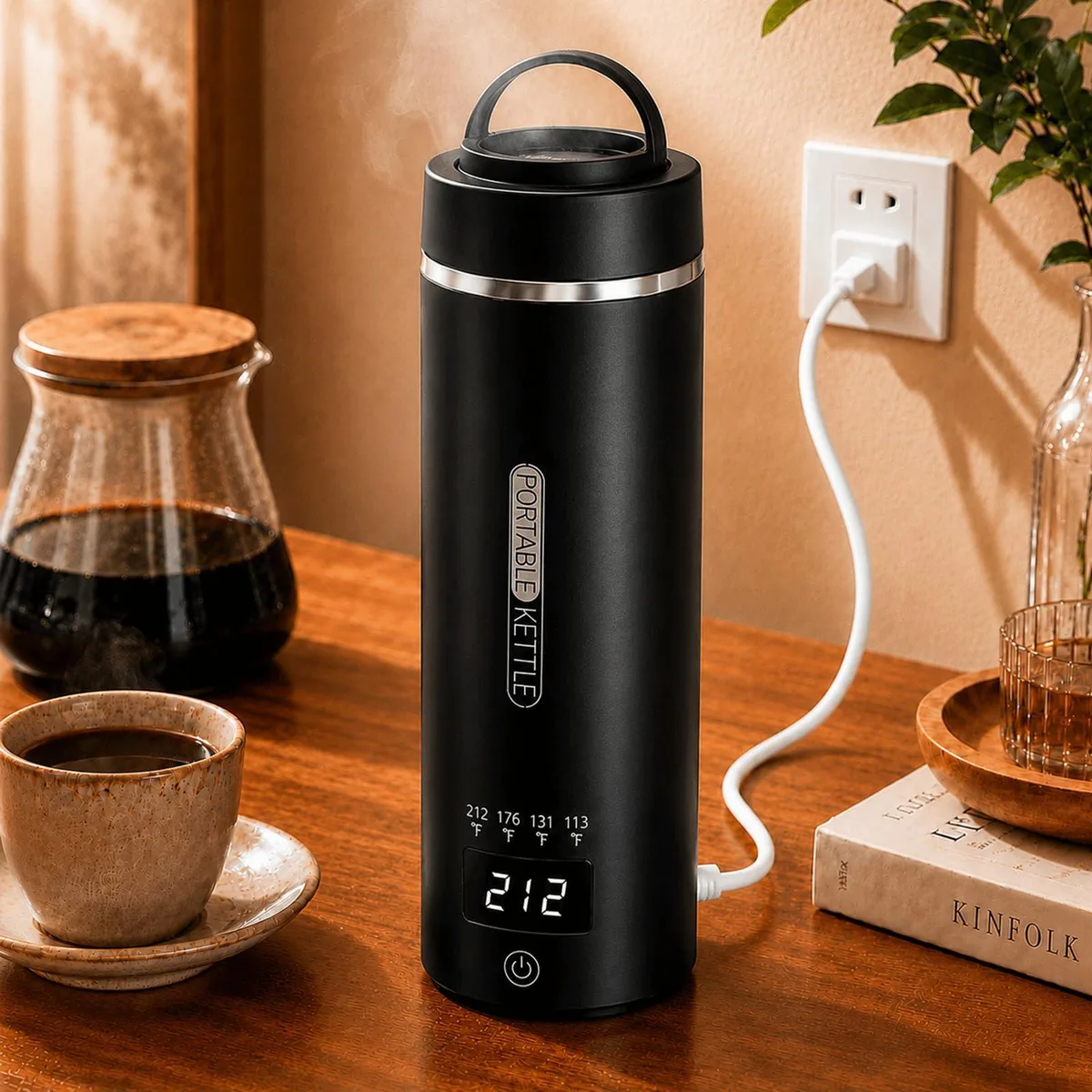 Compact black travel kettle with digital display and touch controls