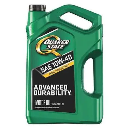 Amber 5 qt plastic bottle of Quaker State 10W-40 conventional motor oil