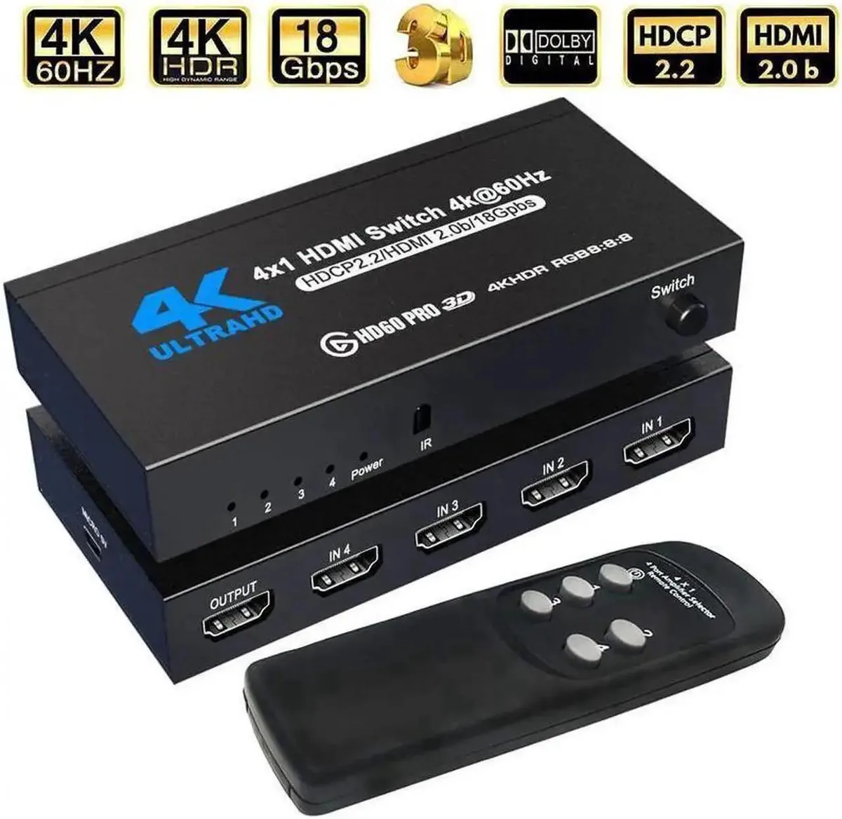 SMUGDESK SMUGDESK 4-in-1 Out HDMI 2.0 Switch 4K@60Hz HDCP2.2 IR Remote — product photo