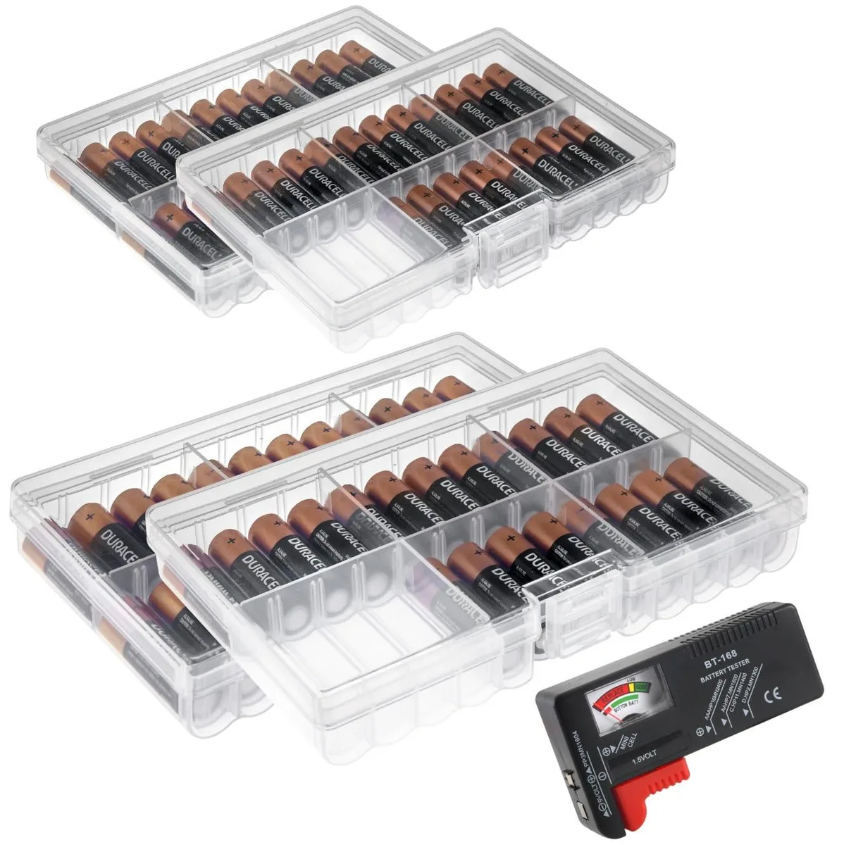 Four clear plastic battery cases, two for AA and two for AAA, each with locking latch and movable dividers