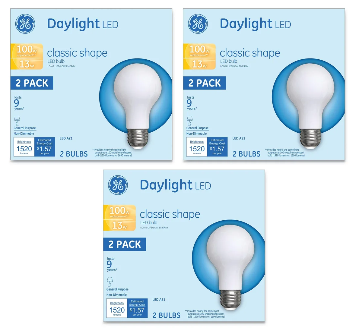 Six A21 LED bulbs in a box, daylight white finish