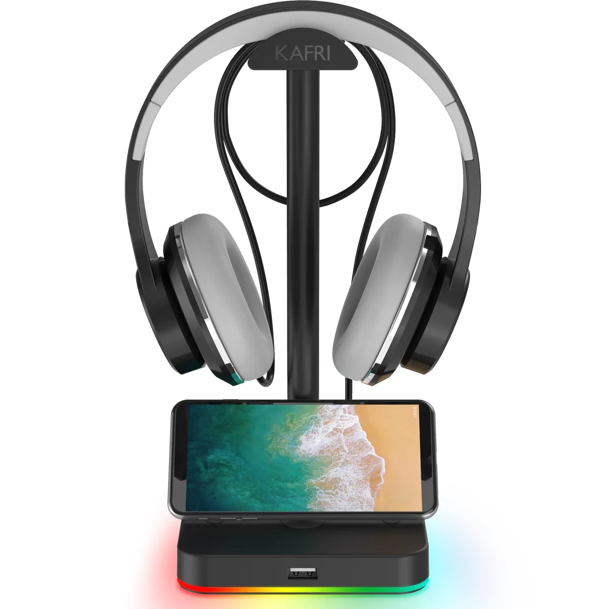KAFRI H10 RGB Headphone Stand with USB 2.0 Hub, Black — product photo