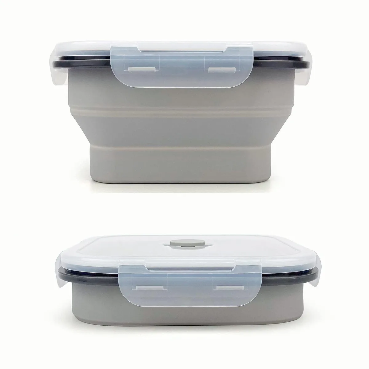 Red collapsible silicone food container with lid, 900ml, folds from 3.3 to 1.6 inches