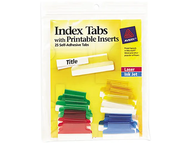 Pack of assorted self-adhesive index tabs with white inserts