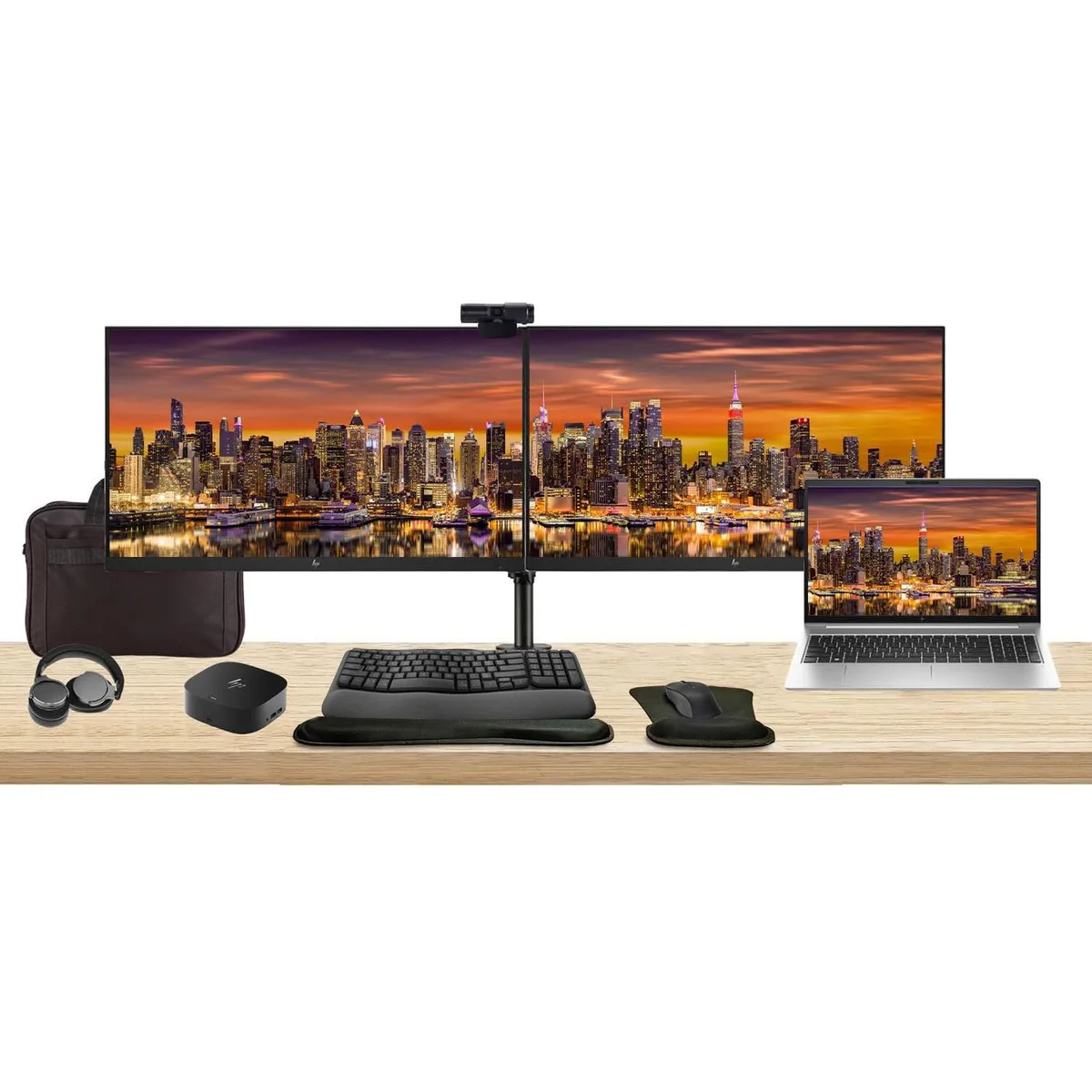 HP HP ProBook 455 G10 15.6" Ryzen 7 16GB 512GB bundle with 2×27" monitors, dock, peripherals — product photo