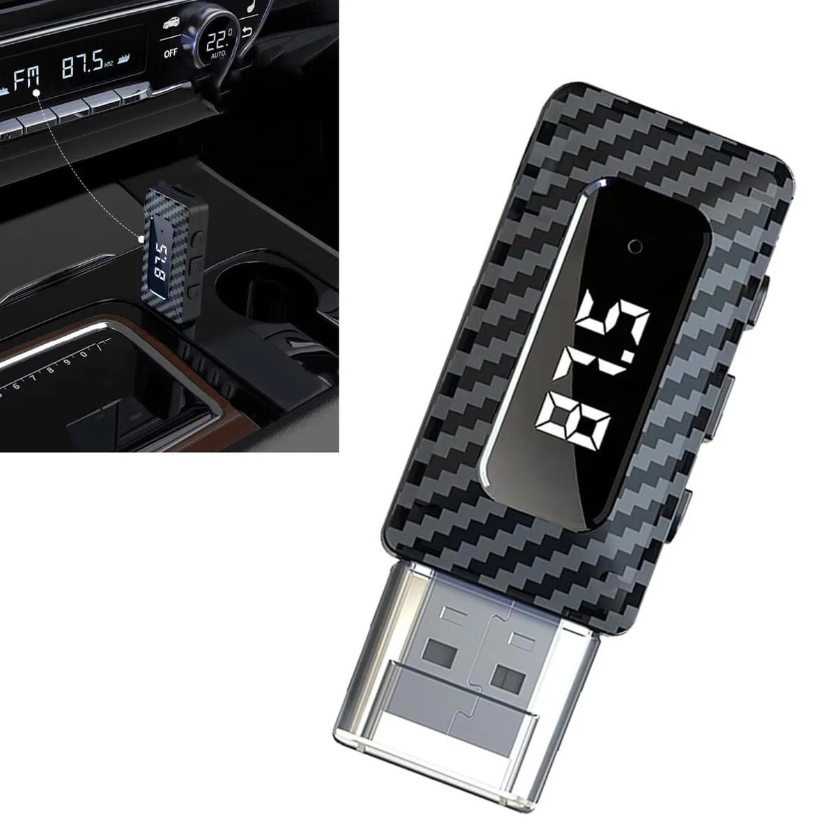 Black rectangular Bluetooth 5.3 adapter with LED display USB plug and 0.13 jack