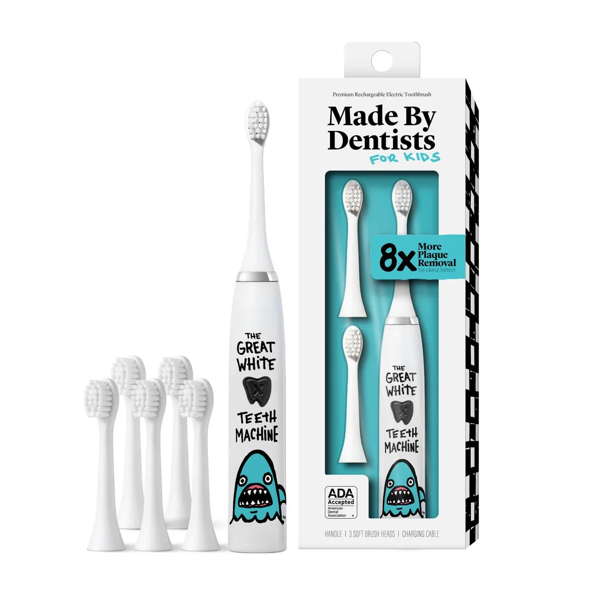 White shark-shaped electric toothbrush with soft brush head and USB charging cable
