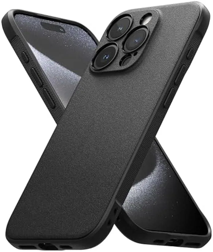 Black flexible TPU case for iPhone 15 Pro Max with textured non-slip pattern and precise camera cutouts