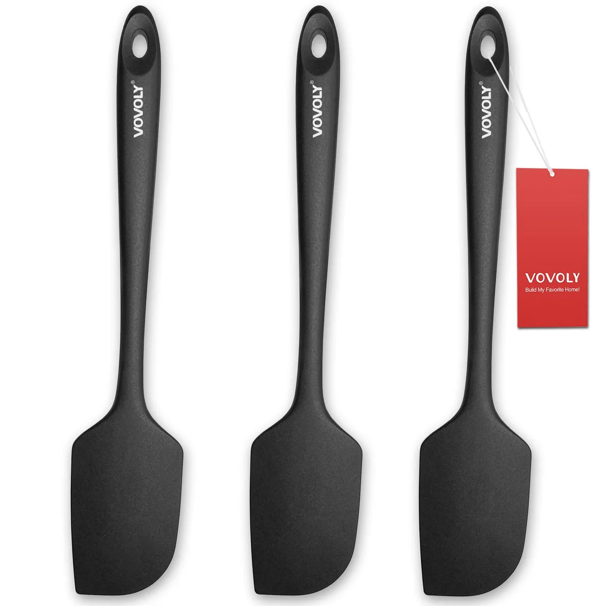 Three black silicone spatulas, 11.2 inches long, rectangular blades, one-piece construction