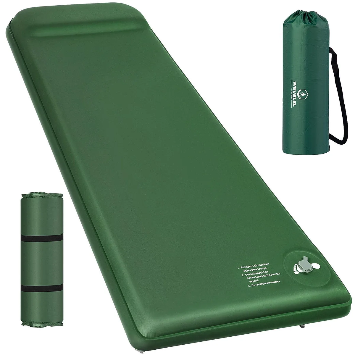Green rectangular memory foam sleeping pad 77 by 26.98 by 3.1 inches with carry bag