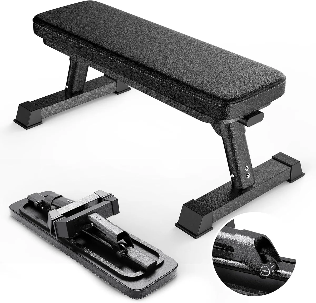 Black foldable flat weight bench with thick padded cushion and steel frame