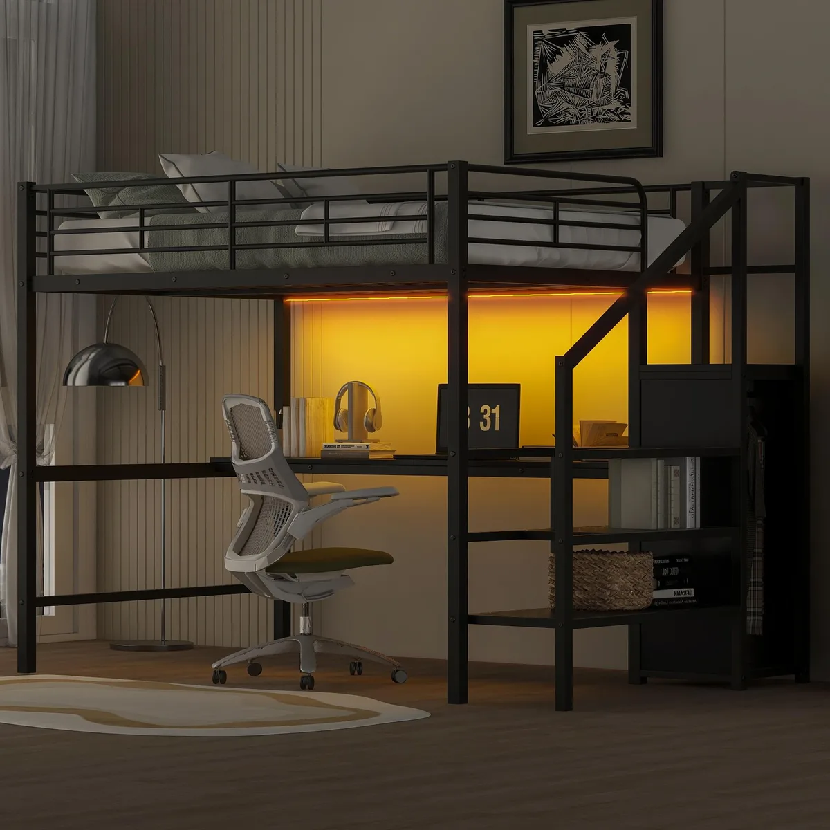 tuphen tuphen Full Size Metal Loft Bed with Desk, Staircase, Wardrobe & LED, Black — product photo