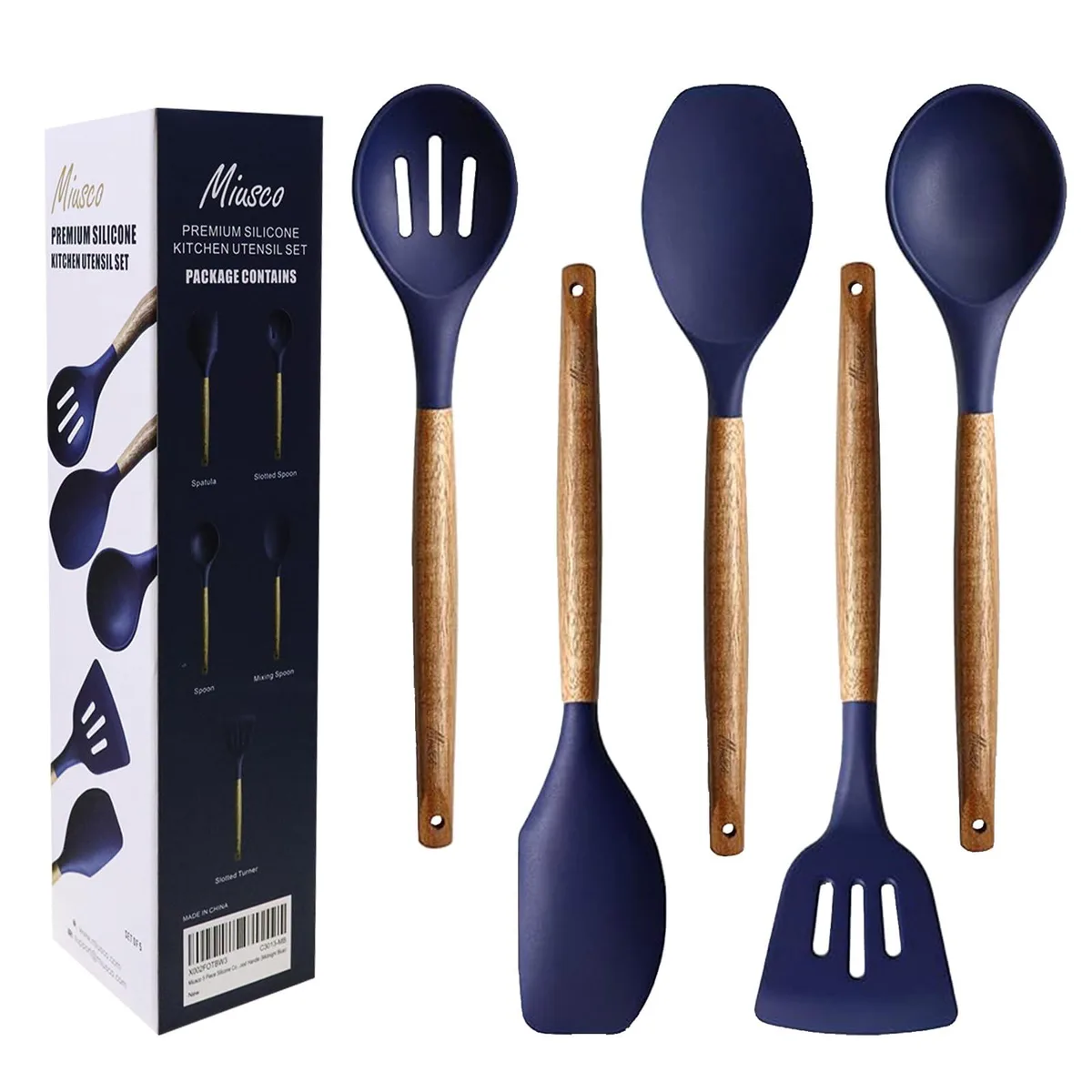 Five midnight blue silicone cooking tools with natural acacia wood handles
