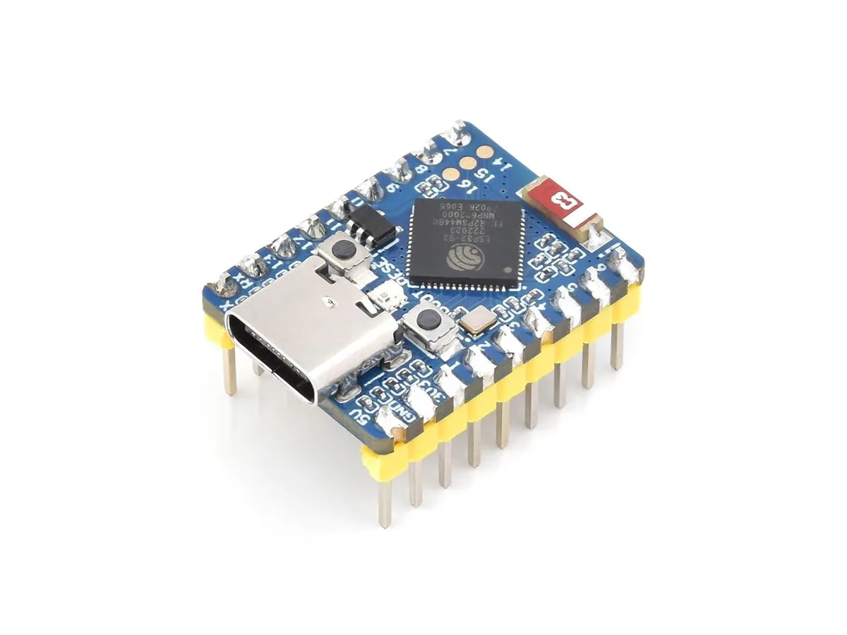 Small green circuit board with USB-C port and pre-soldered header pins