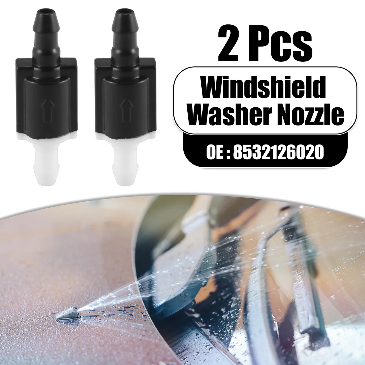 Two small black plastic windshield check valves with nozzle tips, rectangular body about 14 by 12 by 42 millimetres, shown side by side