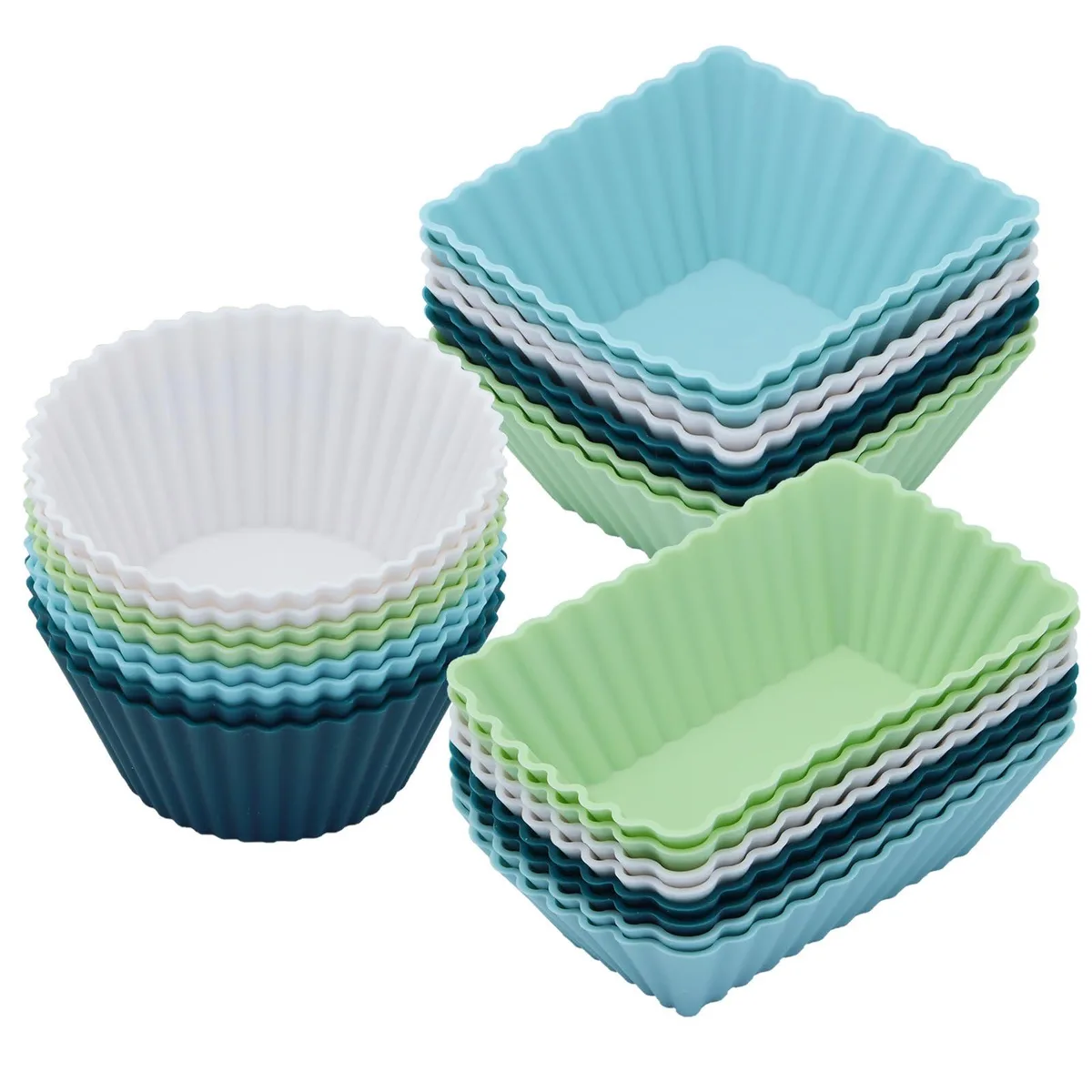 Twenty-four neutral silicone cups in round square rectangular shapes