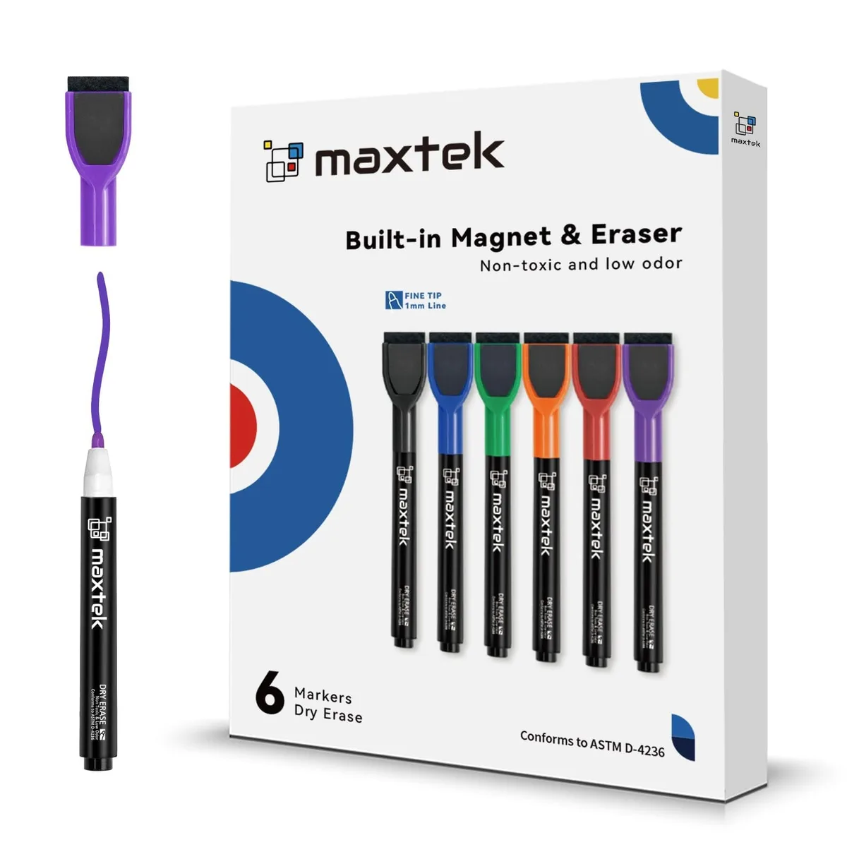  maxtek Dry Erase Markers 6 Count Fine Tip Magnetic Eraser 4.8 in — product photo