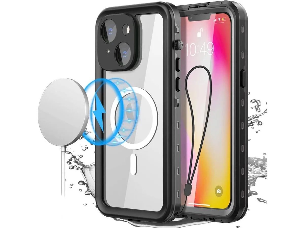 Clear waterproof case for iPhone 14 Plus with built-in screen protector and MagSafe magnets