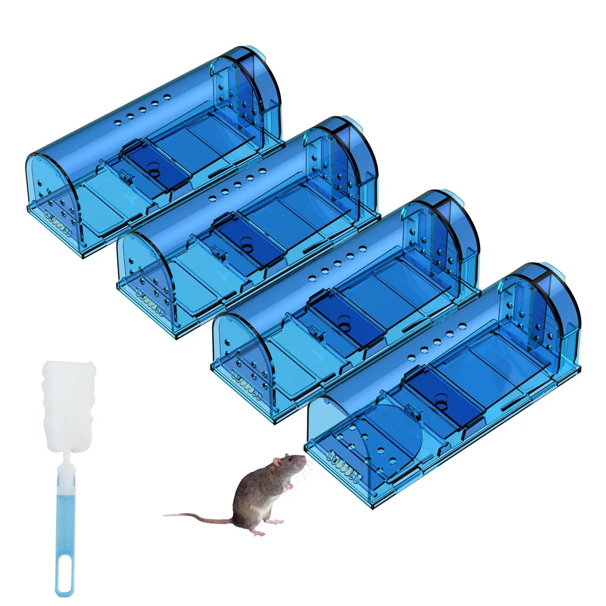 Blue plastic humane mouse trap, rectangular with spring door, 6.7 by 2.4 by 2.6 inches