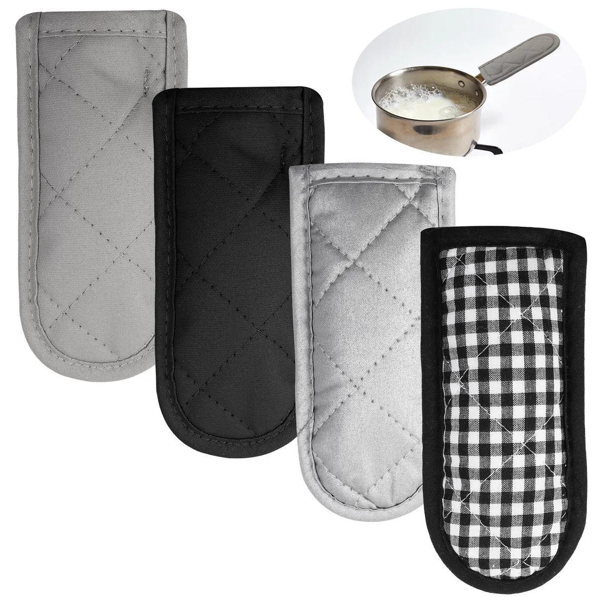 Four beige fabric handle covers lying flat